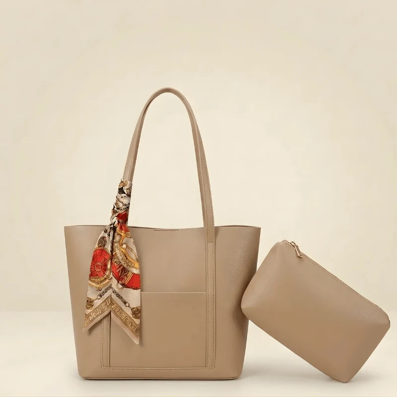 Trendy Brown Tote Bag with Scarf & Pouch B/S-049